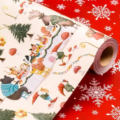 Image de Papier d'emballage, motif Noël, animaux de la forêt, rouleau de 43 x 10 mètres, couleur beige