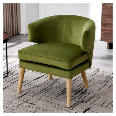 Produktbild von Akzentstuhl Sessel, gepolsterter Armlehnstuhl mit Holzbeinen aus Samt, Relaxsessel für Wohnzimmer und Schlafzimmer, Grün