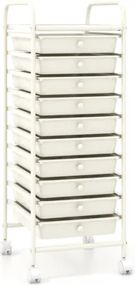 A white rolling cart with ten drawers is shown against a white background.