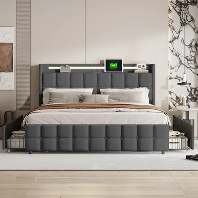 Immagine prodotto di Letto imbottito CDGlobal con funzione di ricarica USB e testata a LED e 4 cassetti, letto matrimoniale 160x200cm letto contenitore letto giovanile, rete a doghe in legno, (160x200cm, grigio)