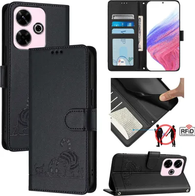 Obrázek produktu pro Kožené pouzdro pro Xiaomi Redmi 13 / Note 13R, sladká kočka Flip pouzdro s funkcí stojánku a peněženkou černé