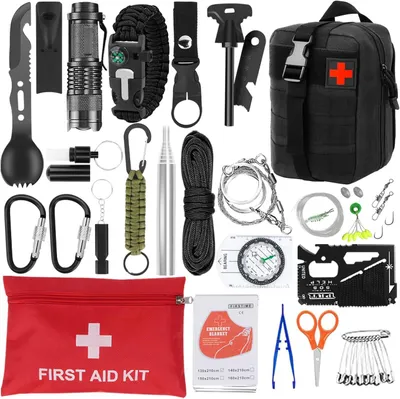 Produktbild von Survival-Kit 69-teilig, 30-in-1 Notfallset, mit Erste Hilfe, Kompass und Werkzeug, für Camping