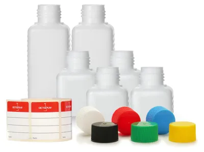 Image de 6 flacons en plastique 30, 50, 100 ml en PEHD, naturel, G25 avec bouchons à vis colorés