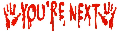 Roter Gel-Fensteraufkleber mit You’re Next Schriftzug und Handabdrücken als gruselige Halloween Fensterdekoration.