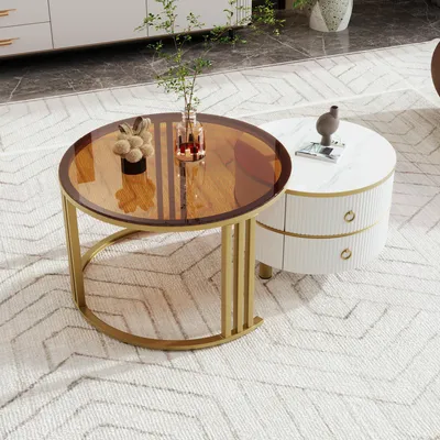 Immagine prodotto di Okwish Tavolino rotondo 2 in 1 in MDF, tavolino 70x70x45 + 50x50x40 cm con vetro temperato, tavolino con 2 cassetti, bianco/marrone