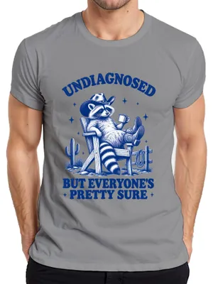 Productafbeelding van Undiagnosed, maar iedereen is er vrij zeker van: Waschbär Cowboy, heren T-shirt, grijs, maat M