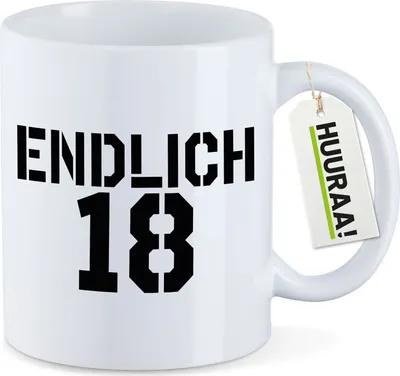 Produktbild von Huuraa Kaffeetasse Endlich 18 Schriftzug 330ml Weiß Keramik Kaffeebecher Geschenkidee