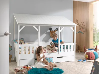 Produktbild von Bett Hausbett 90x200 cm Bettschublade Korpus Weiß lackiert