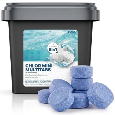 Produktbild von Belko® Chlor MultiTabs 5 in 1, 20 g Chlortabletten für Pool, Multifunktionstabletten, langsamlöslich Langzeitdesinfektion Algenvernichtung Trübungsentfernung Chlorstabilisierung Härtestabilisator - ideal für Pools bis 20m³