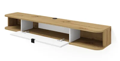 A wall-mounted TV cabinet with one door open, showing the interior.
