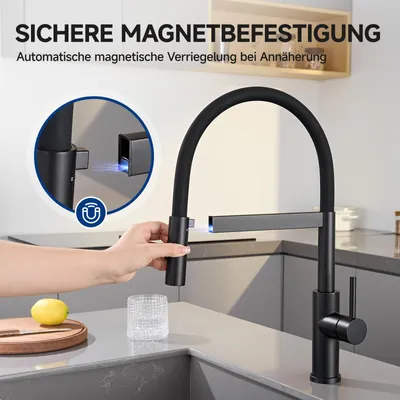 Produktbild von Wasserhahn Küche Magnetisch Schwarz, 2 Strahlarten Flexibel, 360° Drehbar Spültischarmatur, 304 Edelstahl Küchenarmatur Cecipa Einhandmischer