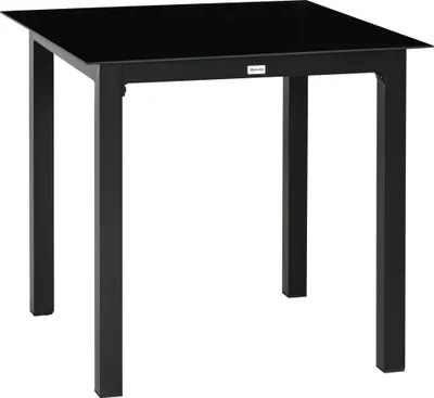 A black square outdoor dining table with a glass top and metal legs, presented on a white background.