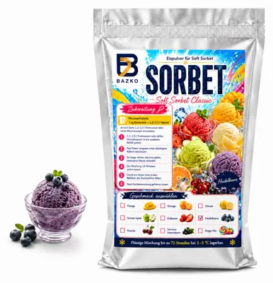 Produktbild von Bazko Heidelbeere Eispulver für Eismaschine | 1 kg für ca. 3,5 kg Sorbet, KI-generiertes Bild