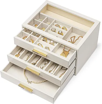 Image de Boîte de rangement pour bijoux - Organisateur de bijoux - Rangement de bijoux - Design à 3 niveaux - Grande capacité - Beige