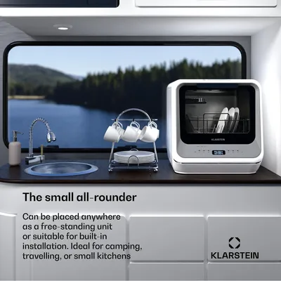 Obrázek produktu pro Klarstein Nanowash mini myčka nádobí - kompaktní stolní myčka nádobí s nádržkou na vodu, 7 programů, 5 l, digitální displej, tichá 58 dB,  přenosná pro malé kuchyně a cestování, stříbrná