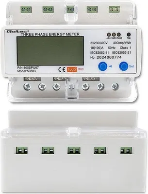 Obrázek produktu pro Qoltec 50883 Třífázový elektronický měřič spotřeby energie na lištu DIN | Wi-Fi | TUYA | 400V | LCD