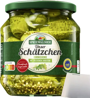 Produktbild von Spreewaldhof Unser Schätzchen Cornichons mit Kräuter (530g Glas) + usy Block