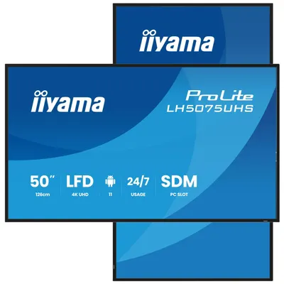 Produktbild von 50" 3840x2160, UHD VA panel, Haze 25%, 500cd/m², Landscape and Portrait, Signal FailOver, Speakers 2x 10W, HDMI 3x, DisplayPort, DP-out (MST/HDMI/Mirror/Tiling), USB 2.0 x2, WiFi, LAN, Media Play USB Port, Control LAN / RS232C, iiSignage2 (CMS/DMS), iiSha