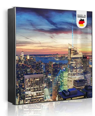 Produktbild von banjado Schlüsselkasten aus Metall, 30x30cm groß mit 32 Haken, als Magnettafel nutzbar, Korpus schwarz, Anschlag links, New York Sunset [SKG2 12409]
