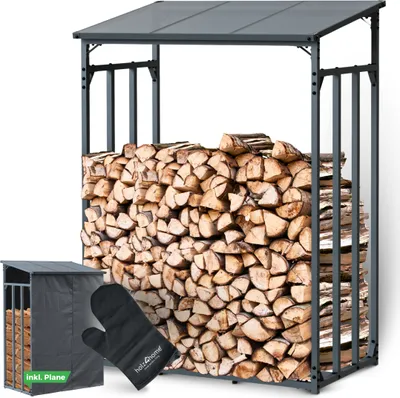 Produktbild von holz4home® Kaminholzregal Außen Holzlager I Größe: 130 x 70 x 185 cm LxBxH I Brennholzregal inkl. Ofenhandschuh I Überdachung mit Stapelhilfe