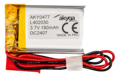 Zdjęcie produktu dla Akyga AKY0477, Bateria, Srebrny, Litowo-jonowa (Li-Ion), 190 mAh, 3,7 V, 20 mm