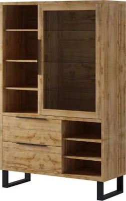 Produktbild von Furniture24 Vitrine Halle 13 Wohnzimmerschrank, Standvitrine, Schrank, Vitrinenschrank mit 1 Tür und 2 Schubladen in Wotan Eiche Nachbildung