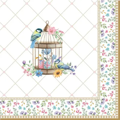 Produktbild von 20 Servietten Spring Bloom - Vogelkäfig an Blumenbordüre 33x33cm