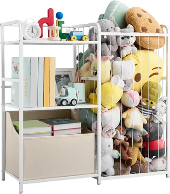 Produktbild von VEVOR Kinderbücherregal mit Spielzeugaufbewahrung, 2-stöckiges Bücherregal mit Stoffspielzeugtruhe, Kinderregal Kinderzimmerregal Weiß, geeignet für Wohnzimmer Eingangsbereich Kindergarten