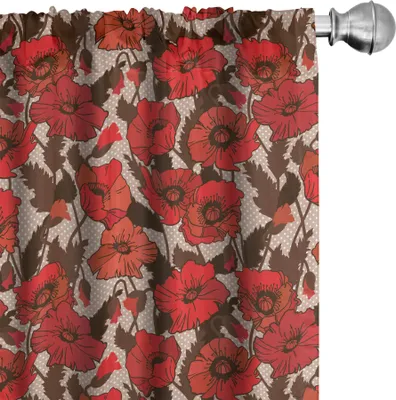 Produktbild von ABAKUHAUS Botanisch Vorhänge, Gardinen, Alte Mode inspiriert Nostalgische Blumenmuster von Mohnblumen auf Tupfen, 2 Stück 75 x 245 cm, Vermilion Mehrfarbig