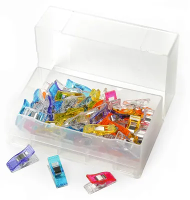 Produktbild von Clover Wonder Clips Stoffklammern 50 Stk farbig sortiert in Kunststoffbox