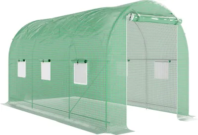 Produktbild von Outsunny Tunnelgewächshaus für Tomaten, 8 m² Grundfläche, 4 m x 2 m x 2,05 m, verstärkter Rohrrahmen, Doppeltür mit Reißverschluss, 6 aufrollbare Fenster, Grün