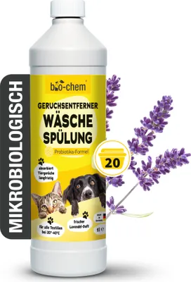 Produktbild von bio-chem Geruchsentferner Wäschespülung 1000 ml - Mikrobiologischer Wäsche Enzymreiniger mit Messbecher - Geruchsneutralisierer gegen Geruch von Urin, Hund & Katzen für alle Textilien -  DE