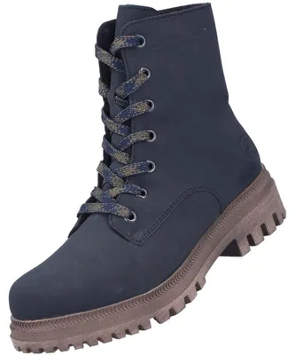 Das Bild zeigt einen blauen Stiefel mit mehreren metallischen Schnallen und einem breiten Absatz. Zu sehen ist der Stiefel von der linken Seite.