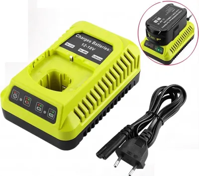 A battery charger and its power cord are displayed against a white background.
