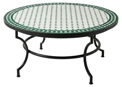 Image de Table basse marocaine en mosaïque, style Marrakech, beige et vert, Ø 120 cm, H 45 cm, pliable, fabriquée à la main à Marrakech | Table ronde de balcon, table de jardin, table basse avec piètement en fer forgé pour le salon