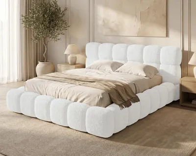 Obrázok produktu pre BESILIO čalúnená posteľ 160x200, tkanina Bouclé Tokyo – posteľ s úložným priestorom a latkovým roštom, moderná posteľ s veľkým množstvom peny – biela