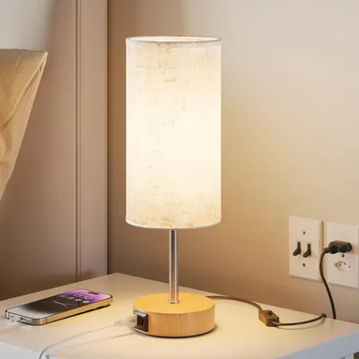 Produktbild von 1 Stück Nachttischlampe Touch Dimmbar mit USB A USB C Ladefunktion LED Tischlampe 3 Stufen Warmweiß E27 Leuchtmittel Holzoptik