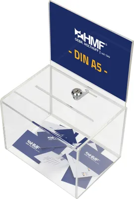 Produktbild von Spendenbox Acryl DIN A5 mit Blatteinschub, 16 x 16 x 21,5 cm, HMF 46913