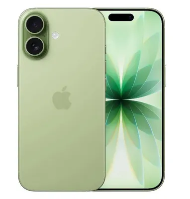 A green iPhone is shown from the back and side, with its screen displaying a green abstract wallpaper.
