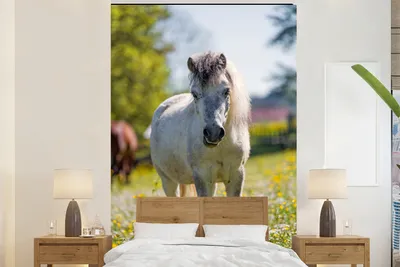 Produktbild von MuchoWow® Fototapete für Wohnzimmer oder Schlafzimmer Wandtapete Vinyl Motivtapete Pferd - Blumen - Licht - 155x240 cm - Tapete