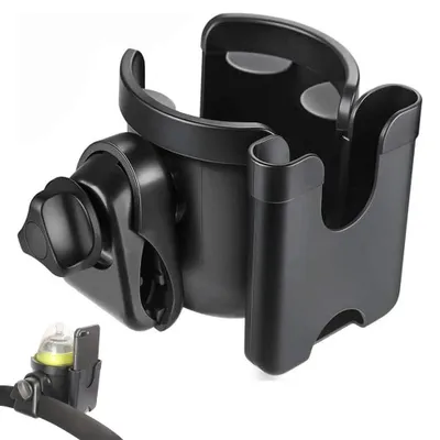 Produktbild von Kinderwagen Getränkehalter – Universal Flaschenhalter mit Handyhalterung – 360° drehbar & verstellbare Klemme – für Kinderwagen, Rollstuhl – Schwarz