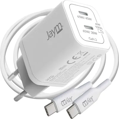 Produktbild von Jaym, GaN Ladegerät 65W 2x USB-C PD PPS inkl. 2m USB-C Kabel 100W, Weiß