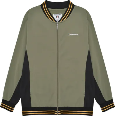 A flat lay of a men's bomber jacket.