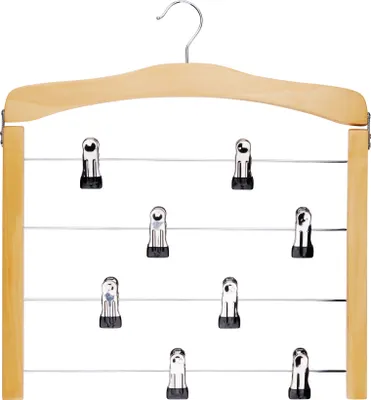 A multi-tier hanger with clips against a white background.