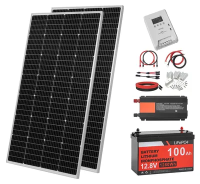 Immagine prodotto di Kit completo di impianto solare SucceBuy da 400W, sistema autonomo con 2 pannelli solari monocristallini da 200W, batteria LiFePO4 da 12,8V e 100Ah, regolatore di carica MPPT da 40A e inverter da 12V e 1000W, sistema fotovoltaico per uso domestico