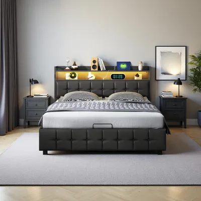 Image de Lit Coffre 160x200 avec LED et Ports USB, Lit Deux Place avec Rangement Hydraulique et Tete de Lits Capitonné avec Étagères Ouvertes, PU,noir
