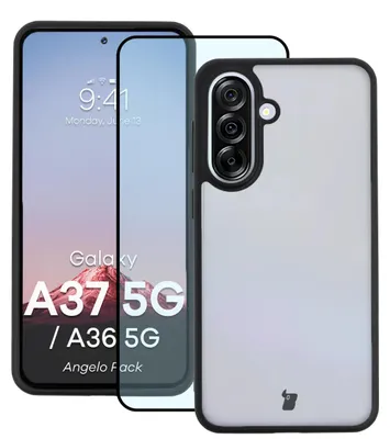 Produktbild von Schutzhülle + gehärtetem Glas Bizon Angelo Pack für Galaxy A37 5G / A36 5G, Getönte mit schwarzem Rahmen