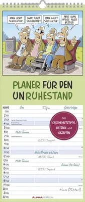 Obrázek produktu pro Plánovač na důchod 2026 - rodinný plánovač 19,5x45 cm - s vtipnými karikaturami - humorný kalendář - nástěnný plánovač - Alpha Edition