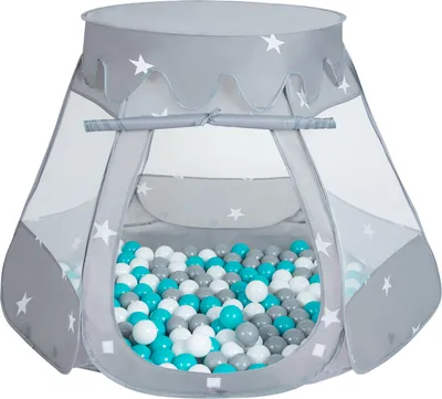 Obrázek produktu pro Selonis dětský stan na hraní 105X90cm/100 míčků Hradní domeček Pop Up Ballpit Plastové míčky pro děti, Grey:Grey-Bílá-Tyrkysová