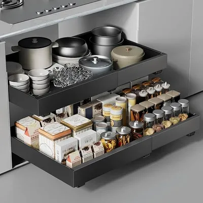 Produktbild von PolkaHome® 2er Set Teleskopschubladen Ausziehbarer Schrank-Organizer für Küchenschränke, Ablagen (32-48 cm B x 42 cm T x 6 cm H), ohne